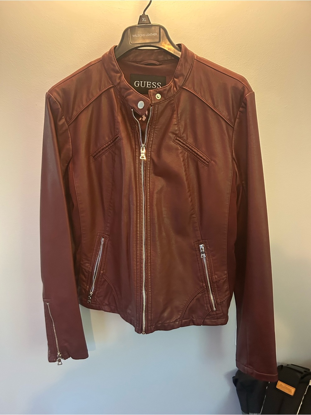 Guess Women’s Wine Faux Leather Moto Jacket